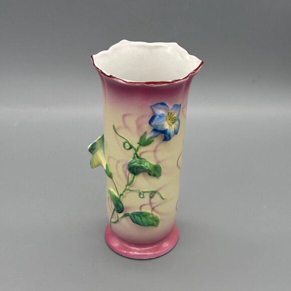 Antique 1920's Trico Nayoga Japan Hand Painted Orange Vase w Flowers 7” Set of 2 - Picture 6 of 8